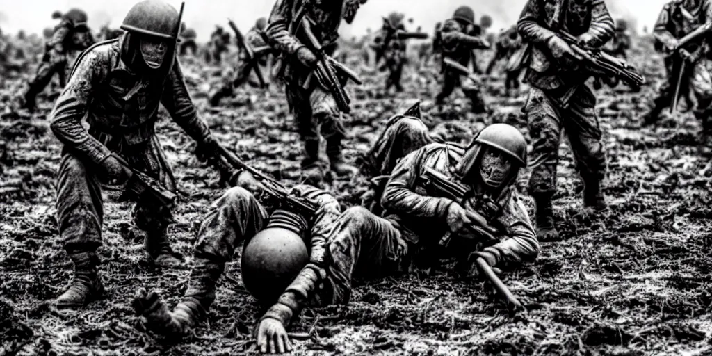 Image similar to exhausted wartorn minions in vietnam, destroyed field, explosions, blood, warzone, war, hyperrealistic, sharp focus, award winning photo