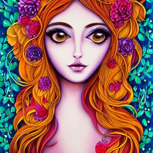 Prompt: portrait of beautiful woman by jeremiah ketner, detailed, textured hair, flowers