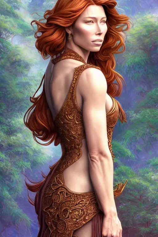 Image similar to symmetry!! intense fanart of back pose of redhead jessica biel as acotar protagonist, intricate, < < < hyper detailed background!!!! > > >, elegant dress, highly detailed, my rendition, digital painting, artstation, concept art, smooth, sharp focus, illustration, art by artgerm, by hajime sorayama