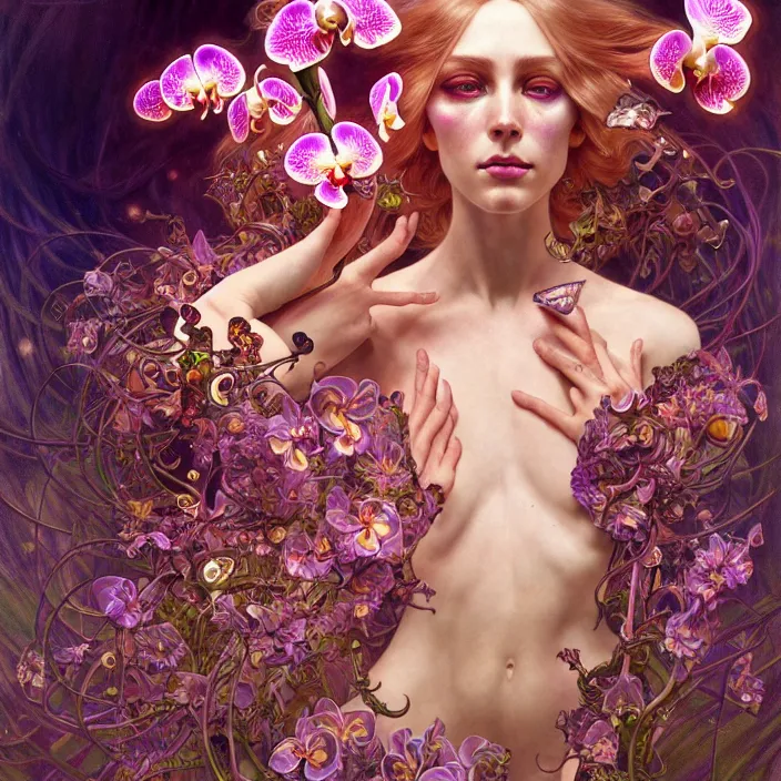 Prompt: psychedelic organic cyborg orchid, diffuse lighting, fantasy, intricate, elegant, highly detailed, lifelike, photorealistic, digital painting, artstation, illustration, concept art, smooth, sharp focus, art by John Collier and Albert Aublet and Krenz Cushart and Artem Demura and Alphonse Mucha