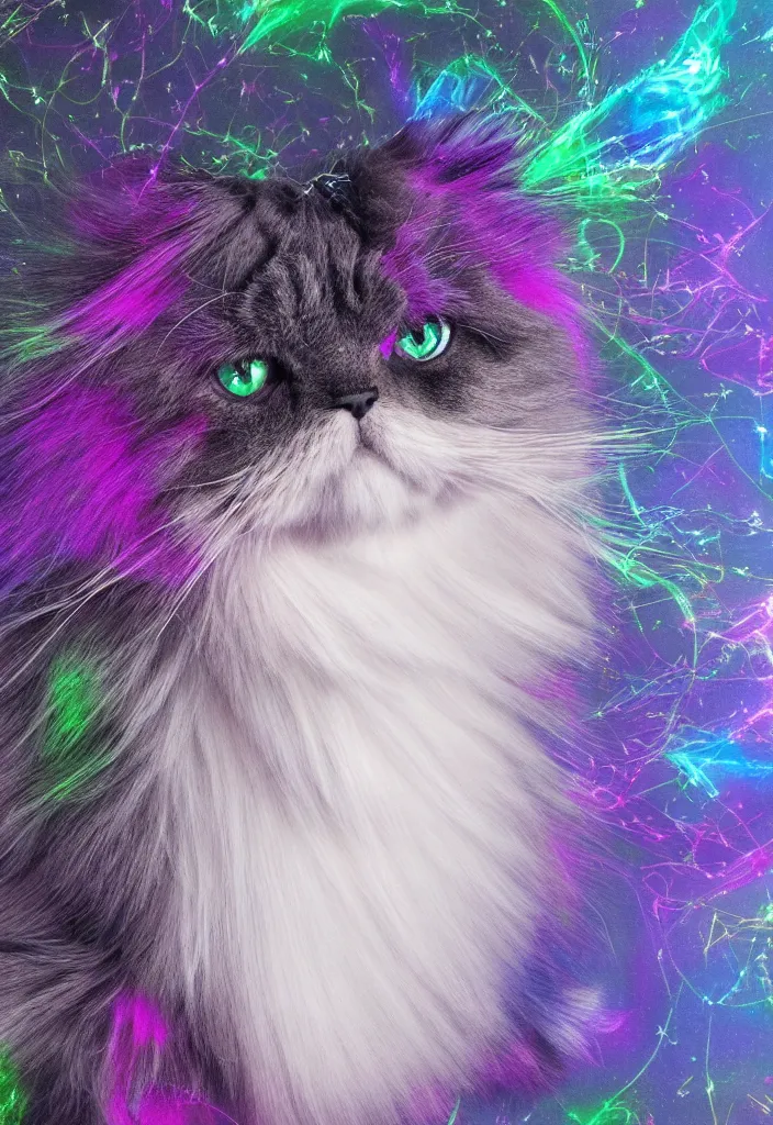 Image similar to longhair floof fluffy coiffed groom elegant gorgeously cfa champion cute pretty scottish fold cat, radiant with mathematical diagrams hologram overlay revealing a complex inner mechanations, detailed painting, grisaille dark monochrome with neon fluorescent color airbrush spraypaint accents, by jules julien, wes anderson, lisa frank, octane render 4 k