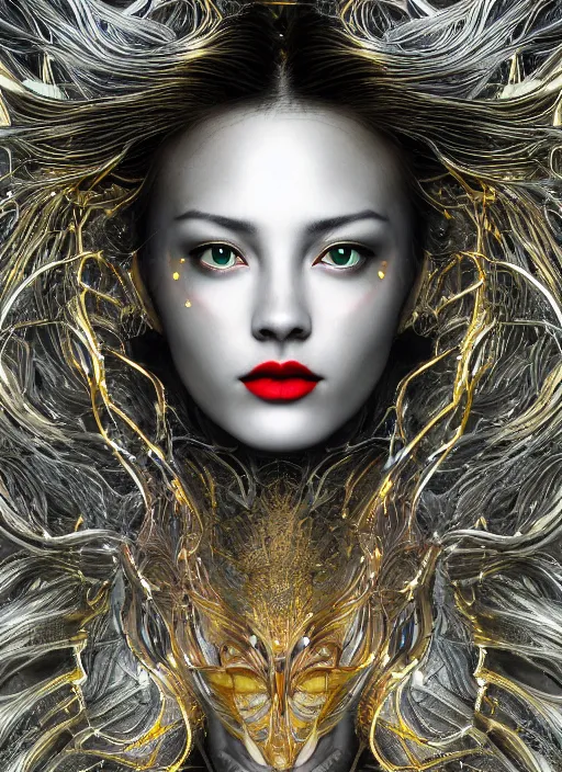 Image similar to glowing silver and golden elements, full close-up portrait, vector dark witch from unsplash, book cover, green forest, white moon, red lips, establishing shot, extremly high detail, photo-realistic, cinematic lighting, pen and ink, intricate line drawings, by Yoshitaka Amano, Ruan Jia, Kentaro Miura, Artgerm, post processed, concept art, artstation, matte painting, style by eddie mendoza, raphael lacoste, alex ross