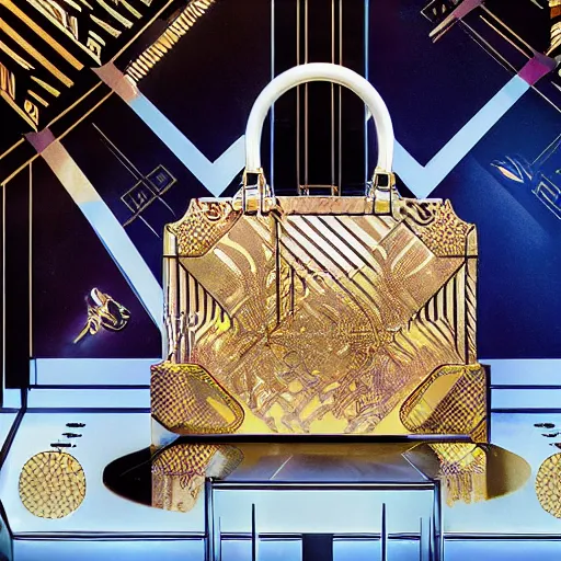 Prompt: a luxury handbag in year 3000, art-deco style, in entrance hall of an art-deco skyscaper, photography , official vuitton editorial , highly detailed