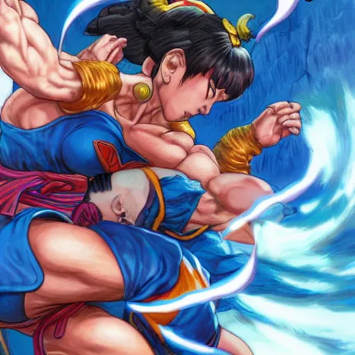 Image similar to chun li fighting goku in street fighter v by magali villeneuve