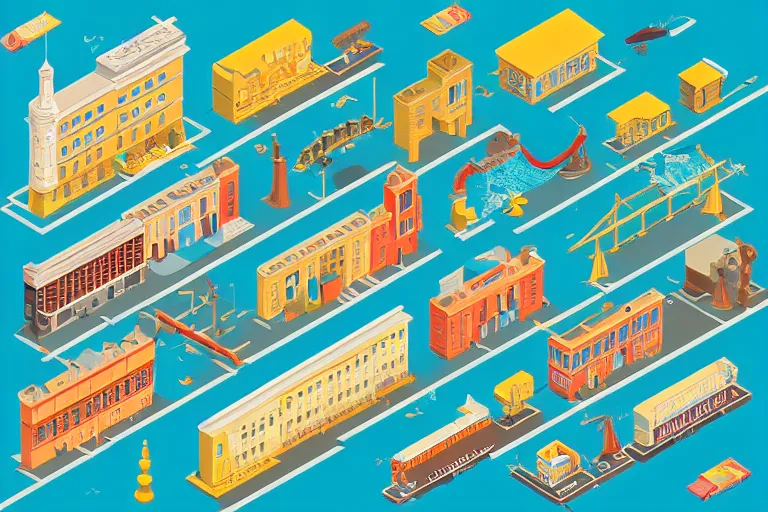 Prompt: highly detailed isometric vector art of a city scape by Wes Anderson, hyperrealistic, photorealistic, artstyle, highly detailed, sharp