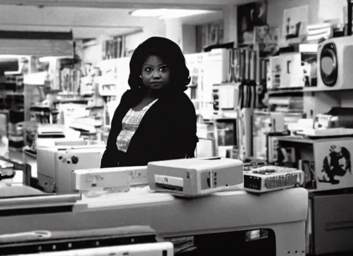 Image similar to cinematic shot of octavia spencer in an small used electronics store next to an old electronic keyboard, iconic scene from the paranoid thriller sci fi film directed by stanley kubrick, anamorphic cinematography, beautiful composition, color theory, leading lines, photorealistic, moody volumetric lighting