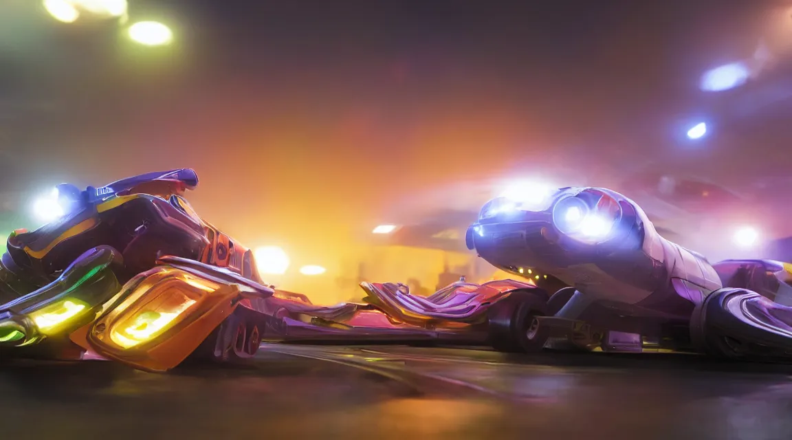 Image similar to mid to close up of a hover car from wipeout hd on a racetrack high motion blur lots of fog and very high depth of field LED strip lights on the road RTX render photorealistic 8k rendered on octane