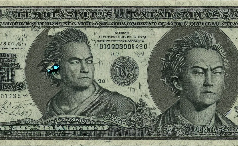 Prompt: rectangular photograph of seven dollar u. s. currency note featuring spiky - haired saiyan goku from dbz dragonball z