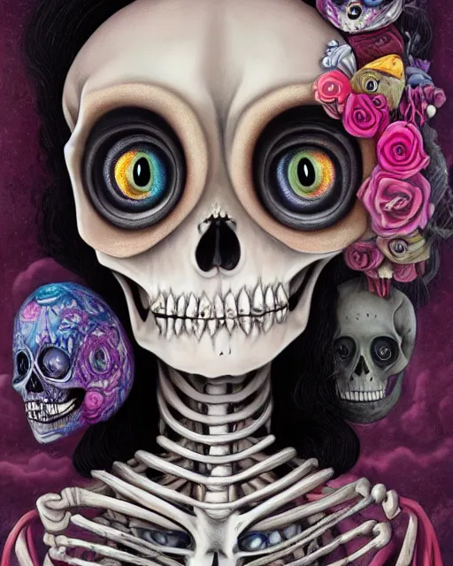 Image similar to a surrealistic head and shoulder painting of a gorgeous female skeleton with cat eyeballs and lipstick and hoodie, in the style of mark ryden, digital art, detailed masterpiece