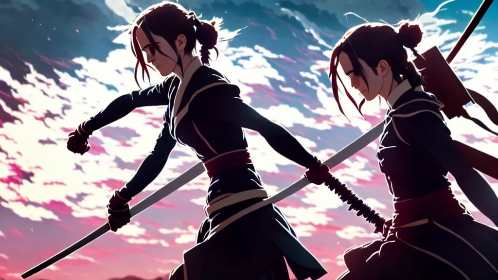 Image similar to a very detailed key visual of emma watson in demon slayer, action lines, ufotable, greg rutkowski, high resolution, dynamic pose, landscape, medium portrait, samurai outfit, action, hyper realistic, anime, koyoharu gotouge, sakuga