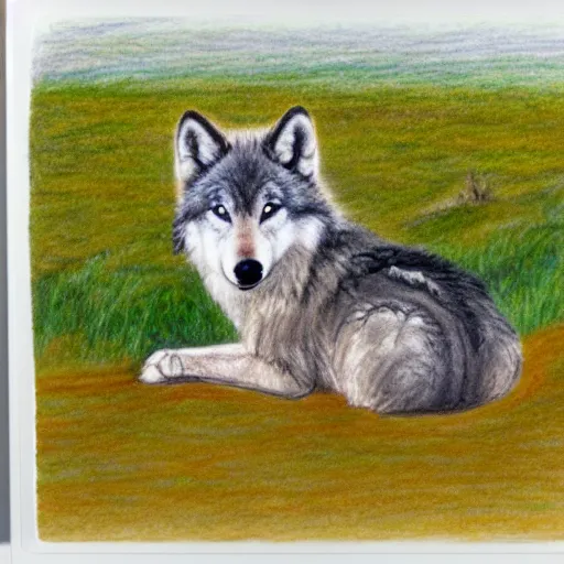 Prompt: rear view of fluffy baby grey wolf sitting on the shore of a pond looking out at the sunset, colored pencil on white background by eloise wilkin