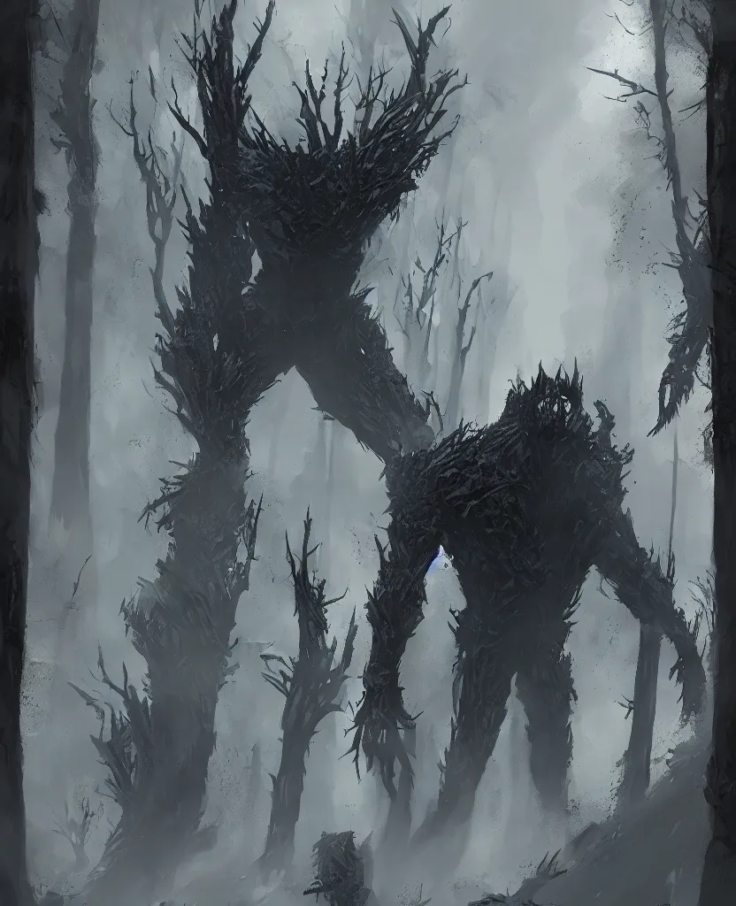 Image similar to one giant monster made of black smoke in the middle of a forest, concept art by max svabinsky, cgsociety contest winner, altermodern, concept art, apocalypse art, artstation hq