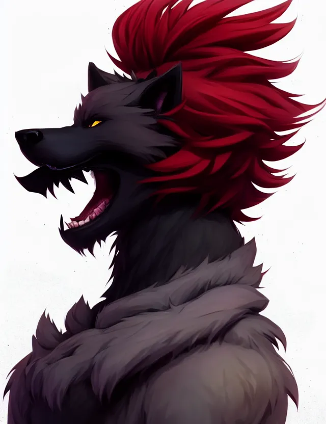 Image similar to character concept art of a black anthropomorphic male furry wolf long red hair | | cute - fine - face, pretty face, key visual, realistic shaded perfect face, fine details by stanley artgerm lau, wlop, rossdraws, james jean, andrei riabovitchev, marc simonetti, and sakimichan, trending on artstation