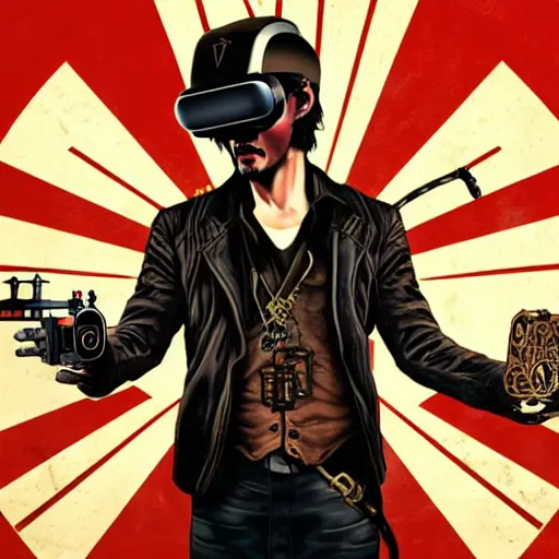 Image similar to Illustrated by Shepard Fairey and H.R. Geiger | Steampunk Keanu Reeves with VR helmet, surrounded by cables