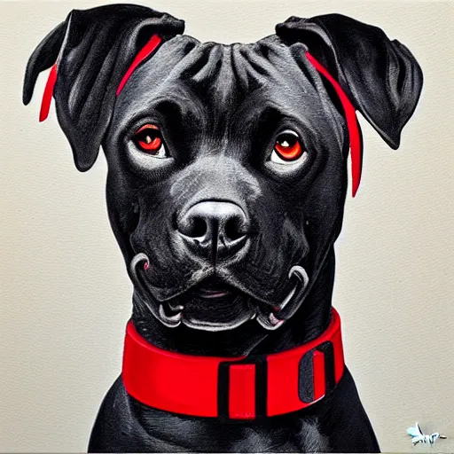 Prompt: painting of a black cyborg pitbull lab wearing thin red dog - collar, hyper detailed, thin brush strokes, oil painting