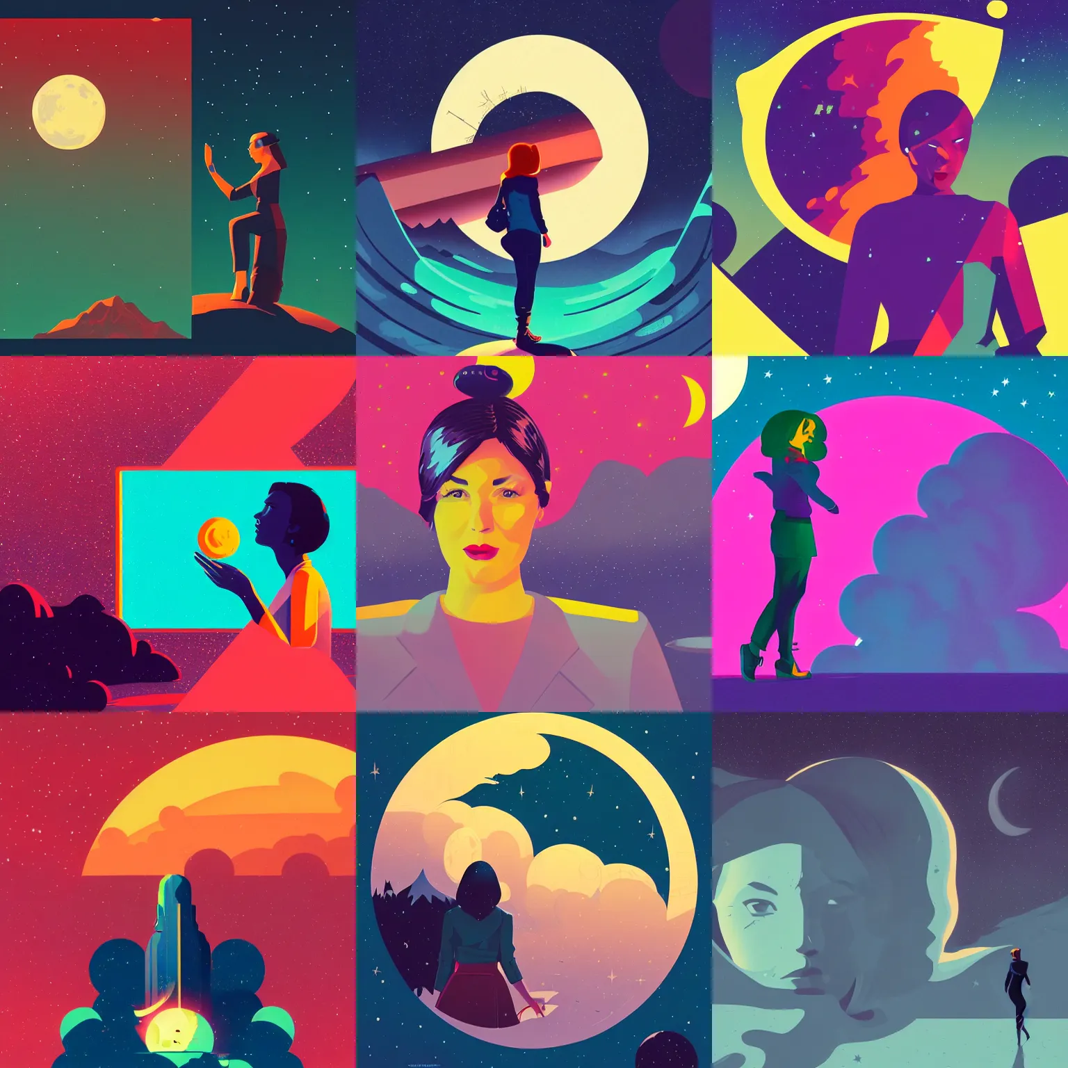 Prompt: moon, night sky, woman, tom whalen, james gilleard, liam brazier, tristan eaton