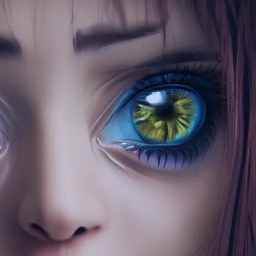 Image similar to realistic portrait of a woman with 3d anime eyes