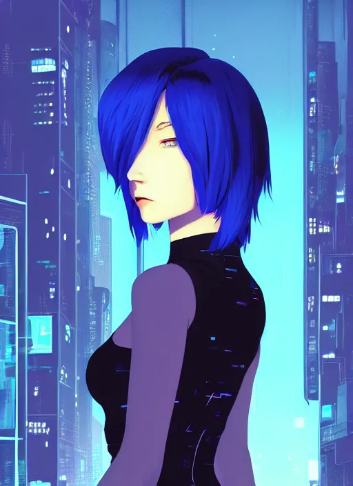 Image similar to digital illustrationportrait of cyberpunk pretty girl with blue hair, wearing a tight black dress, in city street at night, by makoto shinkai, ilya kuvshinov, lois van baarle, rossdraws, basquiat