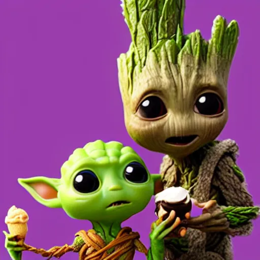 Prompt: artstation baby Groot and baby Yoda eating an ice cream together. The ice cream looks like Pikachu, very detailed, portrait, ultra realistic