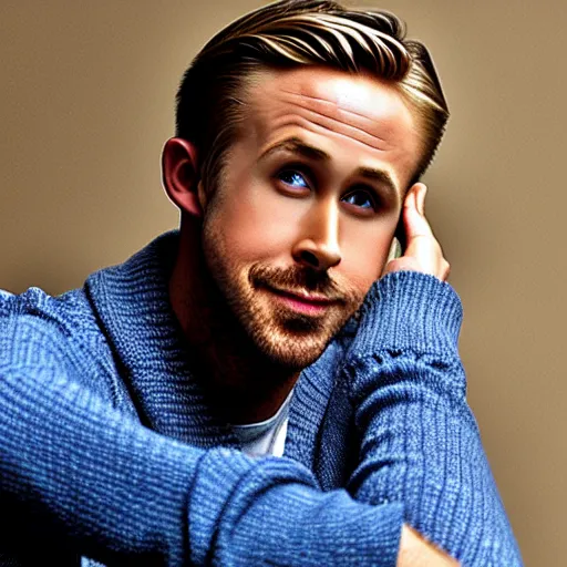 Image similar to ryan gosling but he is knitted from yarn, sits on a chair in a white jacket, preservation of lethality, proportions, quality, realism, focus in the foreground,
