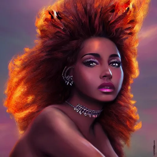 Prompt: a goddess, creative, brown skin, giant, digital art, in the city, in town, high quality, pin up, photo manipulation, down there, colossal, fire hair, digital painting, smoke, artstation, vibrant colors