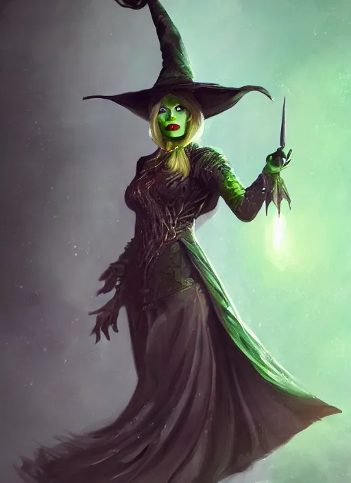 Image similar to beautiful female wicked witch, margot robbie as the wicked witch of the west, full body character concept, armor, super powers, fantasy, intricate, elegant, highly detailed, digital painting, artstation, concept art, shining, sharp focus, illustration, art by stanley lau
