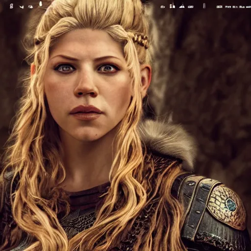 Image similar to portrait art of katheryn winnick, lagertha, vikings, 8 k ultra realistic, lens flare, atmosphere, glow, detailed, intricate, full of colour, cinematic lighting, trending on artstation, 4 k, hyperrealistic, focused, extreme details, unreal engine 5, cinematic, masterpiece