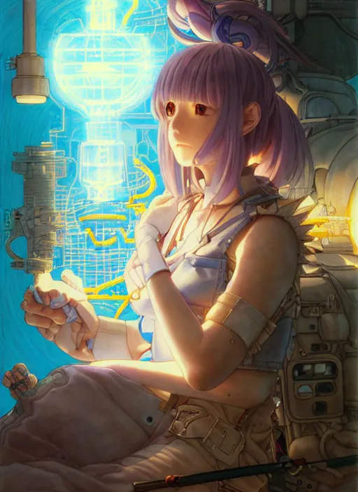 Image similar to prompt : ragnarok online portrait soft light painted by james jean and katsuhiro otomo and erik jones, inspired by akira anime, epic fantasy, a young tinker girl working on a device in her workshop, workshop in the background, intricate oil painting, high detail illustration, sharp high detail, manga and anime 1 9 9 9