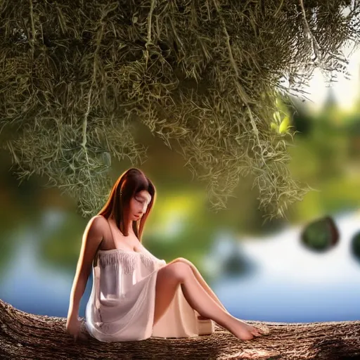 Image similar to Full body shot of a pretty water nymph, chilling under an olive tree at the waterside. The woman is wearing a torn dress and interacting with small animals. Photorealistic, crisp lighting, highly detailed, 4K