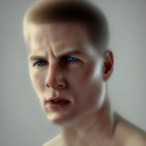 Image similar to realistic expired fuji film portrait of white albino tom cruise mix, hyperrealism, photorealistic, detailed, atmospheric, 8 k, award winning photography, cinematic