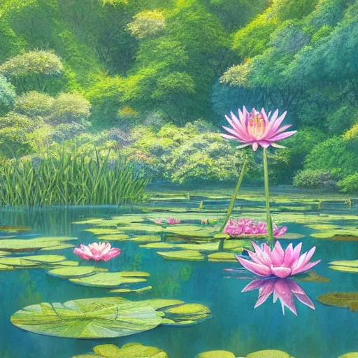 Image similar to a beautiful painting of a water lily pond by yusuke murata and makoto shinkai, cel shaded, unreal engine, highly detailed, iridescent, illustration, artstation,