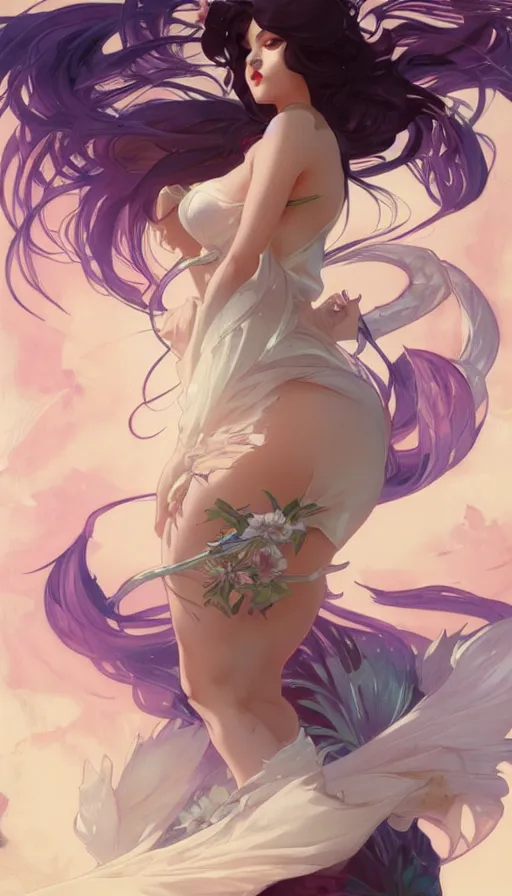 Image similar to ahri in a cute pinup pose by artgerm, greg rutkowski and alphonse mucha, concept art, matte, intricate, full body, epic composition