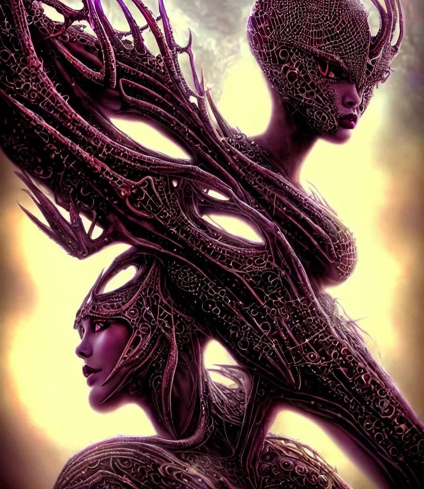 Image similar to close up portrait on the enchanting femenine queen of the zerg, hyper attractive, seductive, very complex, hyper-maximalist, overdetailed, legendary cinematic, darkfantasy, archetype with timeless beauty breathtaking eyes, her spider like legs spread evenly around her framing the image, collossal alien ship in the sky behind her, highly intricate, digital art, very elegant, HDR 8K, biblical art, realism, incomprehensible yet perspicious detail, unbeatable quality, silent hill aesthetic, photorealistic, lifelike, DSLR 8k, unbeatable coherency, Omnious intricate, octane render, created Nixeu & z--ed from deviantart