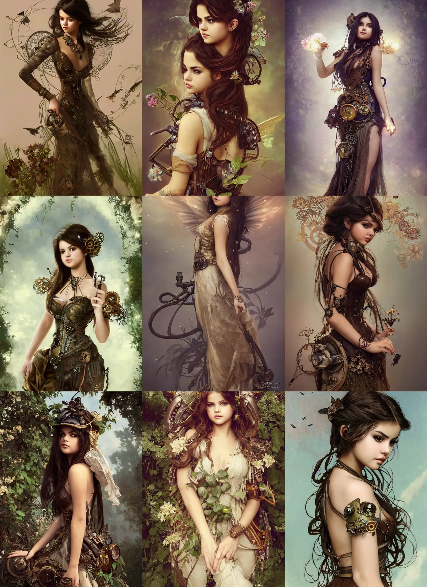 Prompt: beautiful steampunk nature nymph selena gomez in a simple dress, herbacious and steampunk decoration, flowy hair, intricate details, portrait full body, fashion!!!, cinematic lighting, photorealistic, fashion, octane render, 8 k, art by greg rutkowski and artgerm and alphonse mucha and huang guangjian and taras susak, artstation