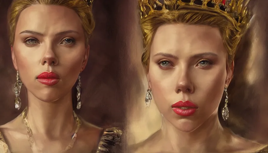 Prompt: scarlett johansson as a stately queen, fantasy, oil painting, concept art