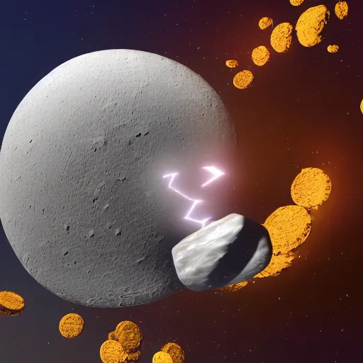 Prompt: a 3 d render of a coin crashing into the moon, exploding, space