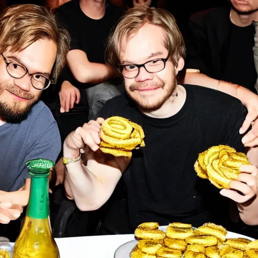 Image similar to pewdiepie and sergey mavrodi drinking and eating gold burgers together