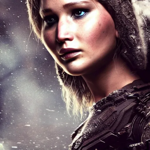 Image similar to jennifer lawrence portrait, dystopia core, apocalyptic, armor, warrior, dramatic, sharp focus, fiction, neon, fantasy, hyper detailed, digital art, trending in artstation, cinematic lighting, studio quality, smooth render, unreal engine 5 rendered, octane rendered, art style and nixeu and wlop and krenz cushart