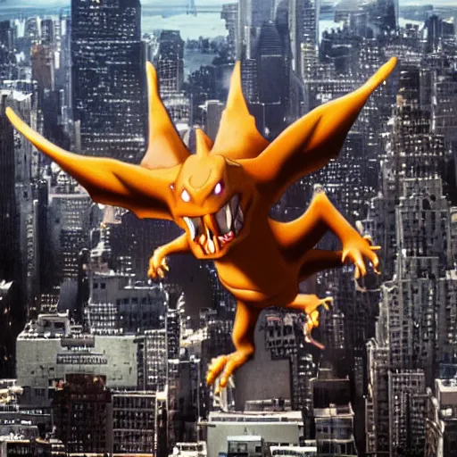 Prompt: charizard flying above new york, as an ugly titan, attack on titan, shingeki no kyojin, film still, wide open city