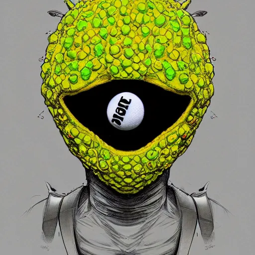 Image similar to a tennis ball monster , balaclava, wearing hip hop gold chsins, digital art, fantasy, magic, trending on artstation, ultra detailed, professional illustration by Basil Gogos