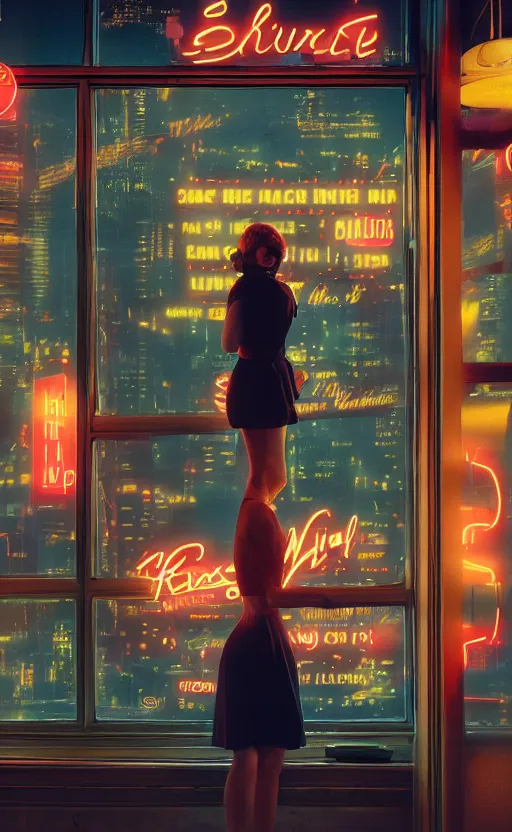 Image similar to vertical movie frame portrait of girl in 5 0's retro restaurant interior, neon - decorated urban on night in the city seen through the window, modern interior design, architectural design, vintage, night blade runner, dark, postapocalyptic, 4 k, octane, asian futuristic city at distance, big windows, octane, wide angle