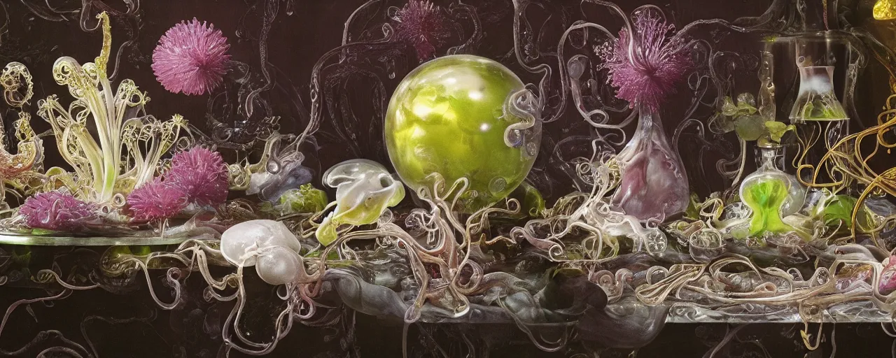 Image similar to ultradetailed reailistic still life with jelly flowers by ernst haeckel, caravaggio, roger dean and andrei tarkovsky, slime and tentacles, wide angle, cinematic, octane render, bokeh, unreal engine, 4k 3d render