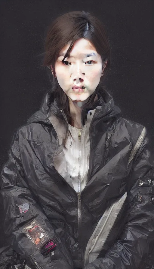 Image similar to portrait of Korean female wearing Techwear Jacket, intricate, elegant, highly detailed, digital painting, artstation, concept art, smooth, sharp focus, illustration, art by artgerm and greg rutkowski and alphonse mucha