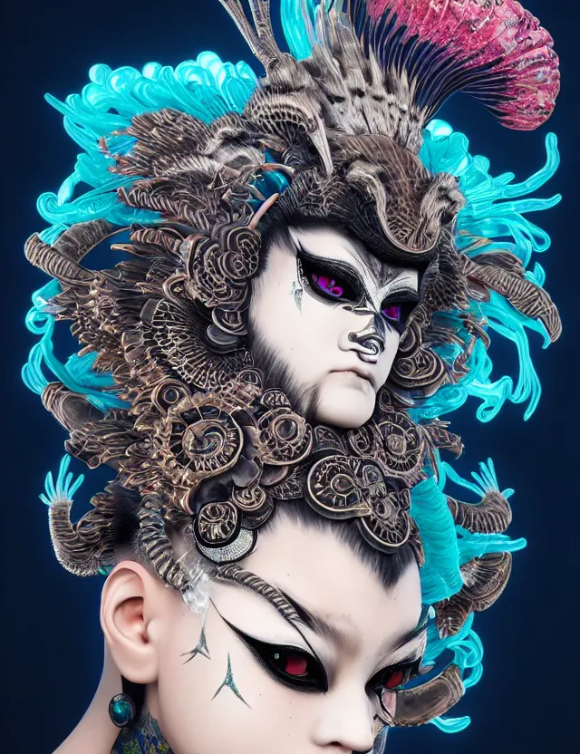 Image similar to 3 d goddess close - up profile portrait punk with mohawk with ram skull. beautiful intricately detailed japanese crow kitsune mask and clasical japanese kimono. betta fish, jellyfish phoenix, bio luminescent, plasma, ice, water, wind, creature, artwork by tooth wu and wlop and beeple and greg rutkowski