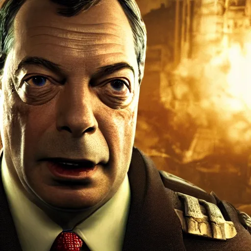 Image similar to Portrait of Nigel Farage in Gears of War, splash art, movie still, cinematic lighting, dramatic, octane render, long lens, shallow depth of field, bokeh, anamorphic lens flare, 8k, hyper detailed, 35mm film grain