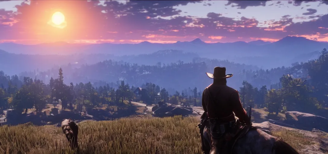 Image similar to Arthur Morgan from Red Dead Redemption 2 sitting at the top of a mountain looking at a beautiful sunrise in the distance