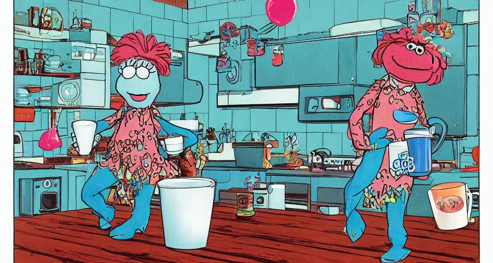 Prompt: a muppet holding a comically large cup of coffee in a 1 9 7 0 s era kitchen, in the style of hownosm and james jean, ultimate collab, epic, digital art, 3 d, h 9 6 0