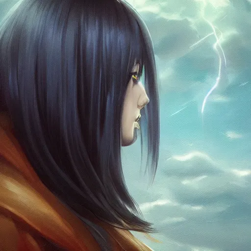 Image similar to profile shot of rimuru tempest, sky blue, straight hair, long bangs, amber eyes, wearing a black jacket with white stripes, high collar, highly detailed, unreal engine 5, digital painting, cinematic, wlop | artgerm, pixiv, yoshitaka amano, greg rutkowski, ilya kuvshinov, andy warhol