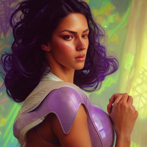 Image similar to Portrait of very very very very very very beautiful Latina woman, spacesuit, purple eyes, intricate, elegant, highly detailed, digital painting, artstation, concept art, smooth, sharp focus, illustration, art by artgerm and greg rutkowski and alphonse mucha