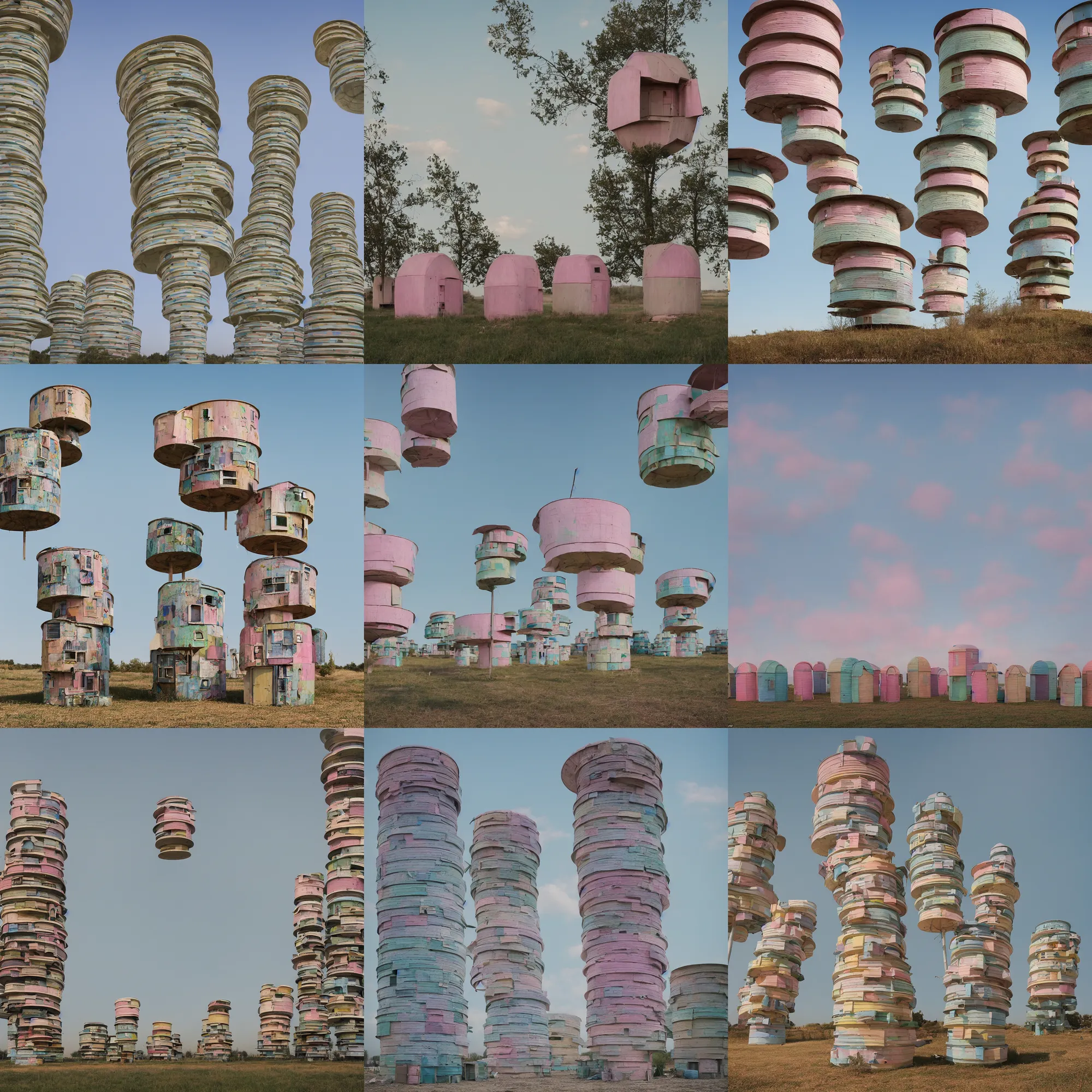 Prompt: circular towers made up of makeshift squatter shacks with pastel colours, mamiya, 8 5 mm, f 1. 7, fully frontal view, uniform plain sky, fine details, photographed by cristina de middel and julie blackmon